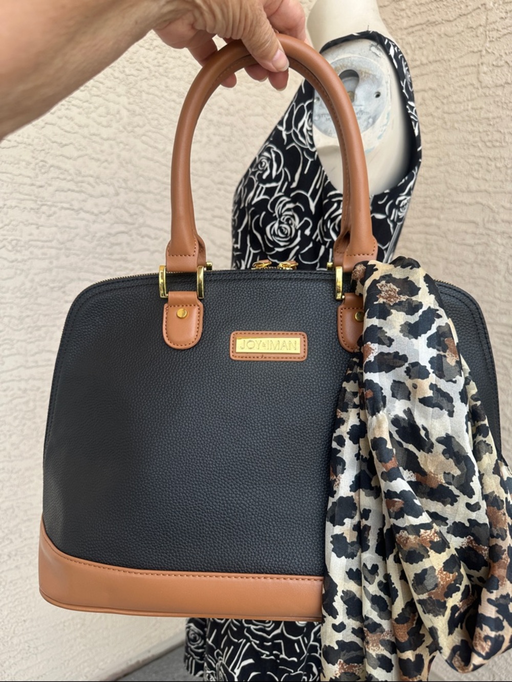 Joy & Iman Black and Tan Dome Satchel with Leopard Scarf Accent